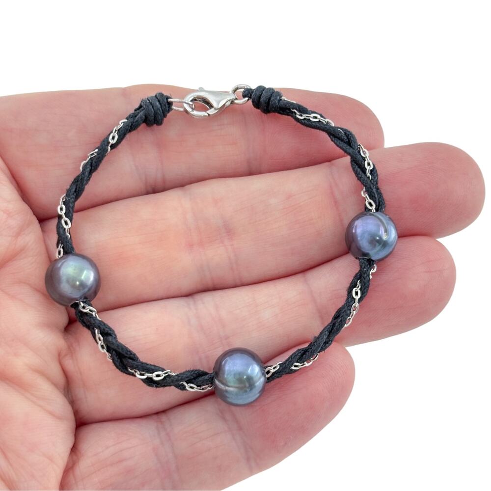 Vintage Sterling Silver 925 Black Freshwater Pearl Station Bracelet 6.75"